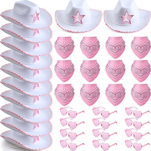 Coume 36 Pcs Adult Cowboy Hat with Bandanna Heart Sunglasses Unisex Felt Cowboy Hat Western Party Hat Cowboy Costume (Pink White) - Image 1