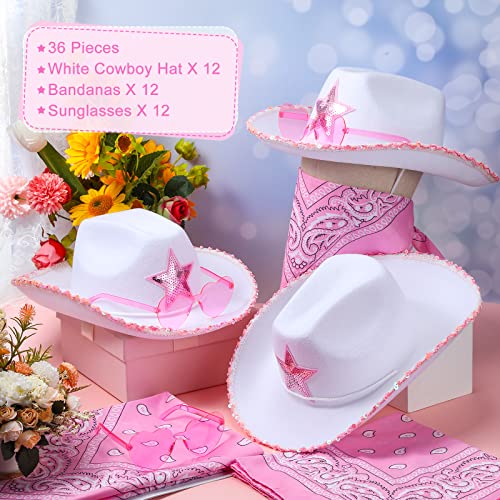 Coume 36 Pcs Adult Cowboy Hat with Bandanna Heart Sunglasses Unisex Felt Cowboy Hat Western Party Hat Cowboy Costume (Pink White) - Image 2