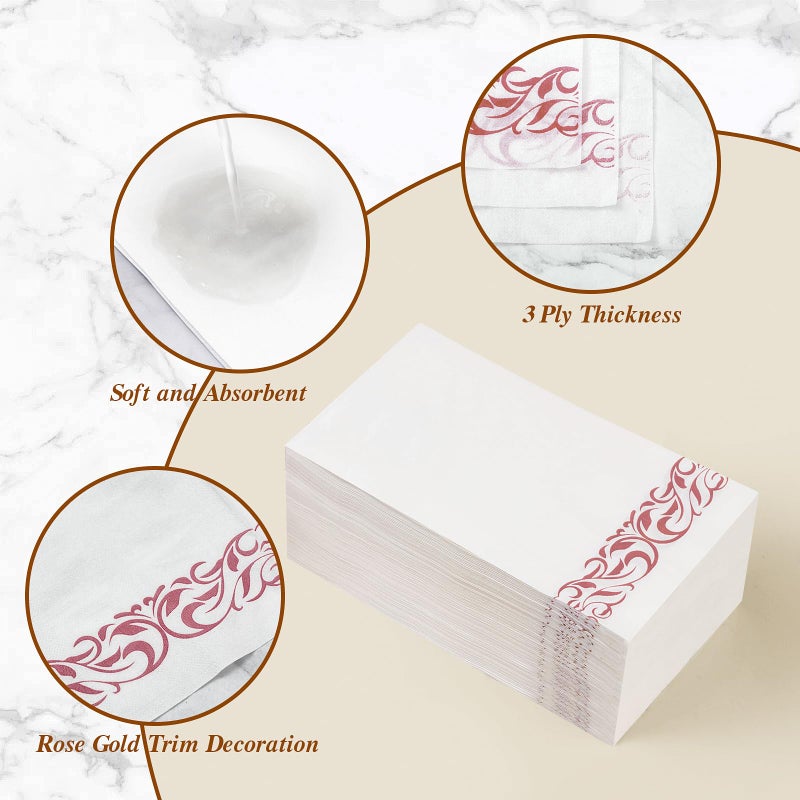 BESTVIP 200 Pack Disposable Paper Napkins  3-Ply Dinner Napkins with Rose Gold Trim  Soft Bathroom Napkins for Guests  Absorbent Party Napkins Wedding Napkins for Dinners  Kitchen or Events - Image 3