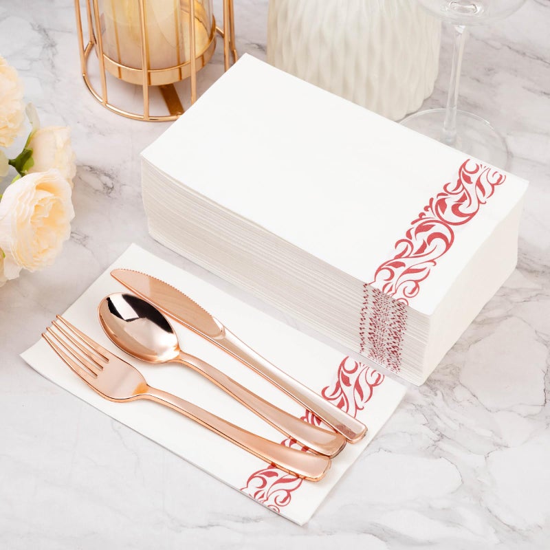BESTVIP 200 Pack Disposable Paper Napkins  3-Ply Dinner Napkins with Rose Gold Trim  Soft Bathroom Napkins for Guests  Absorbent Party Napkins Wedding Napkins for Dinners  Kitchen or Events - Image 2