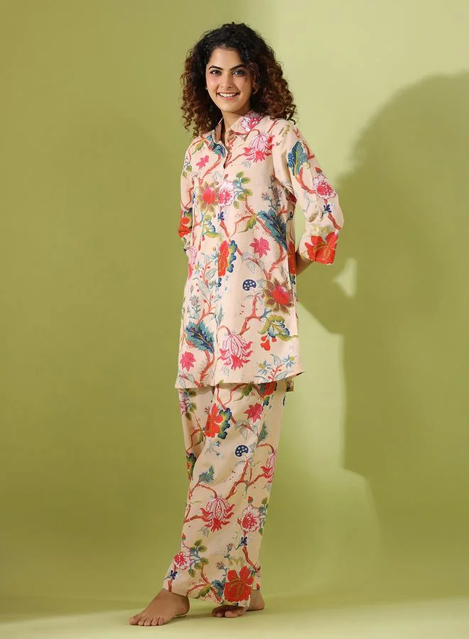 sanskrutihomes Floral Print Longline Shirt & Wide Leg Pants Co-Ord by Styli