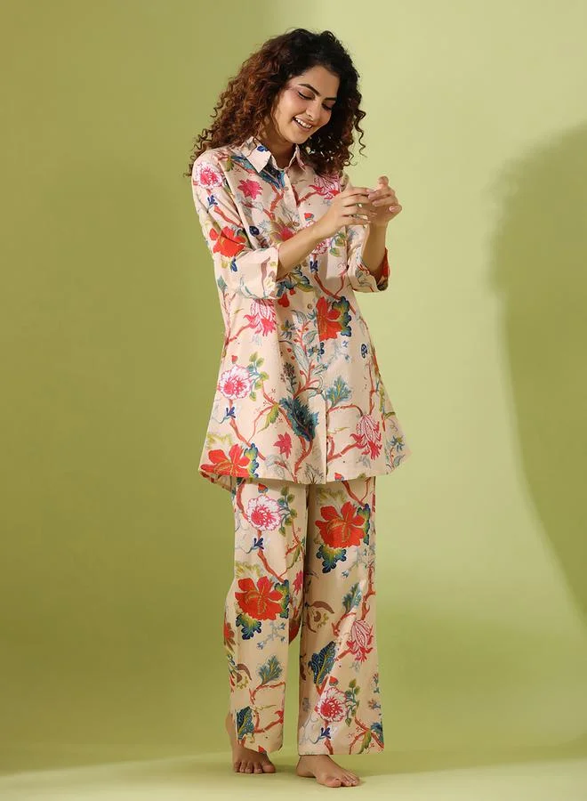 sanskrutihomes Floral Print Longline Shirt & Wide Leg Pants Co-Ord by Styli
