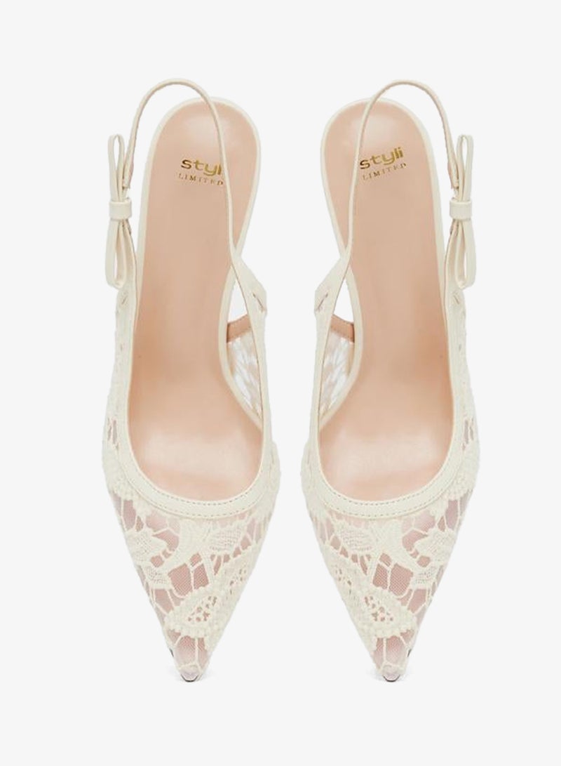 Styli Women White Lace Slingback Shoes - Image 5