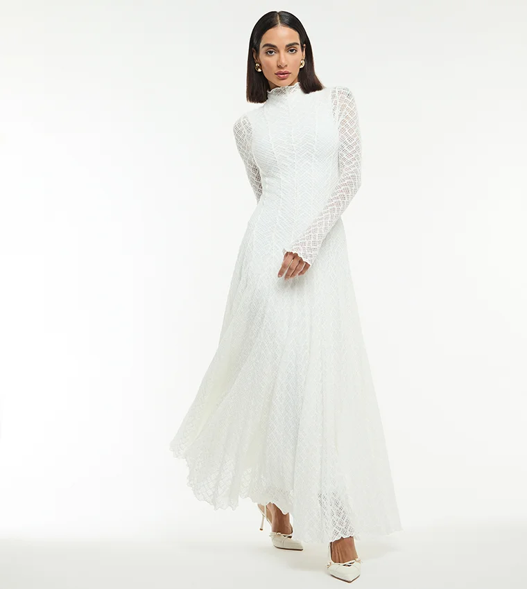 بي سي بي جي BCBG LONG SLEEVE MOCK NECK FIT AND FLARE MAXI LACE DRESS