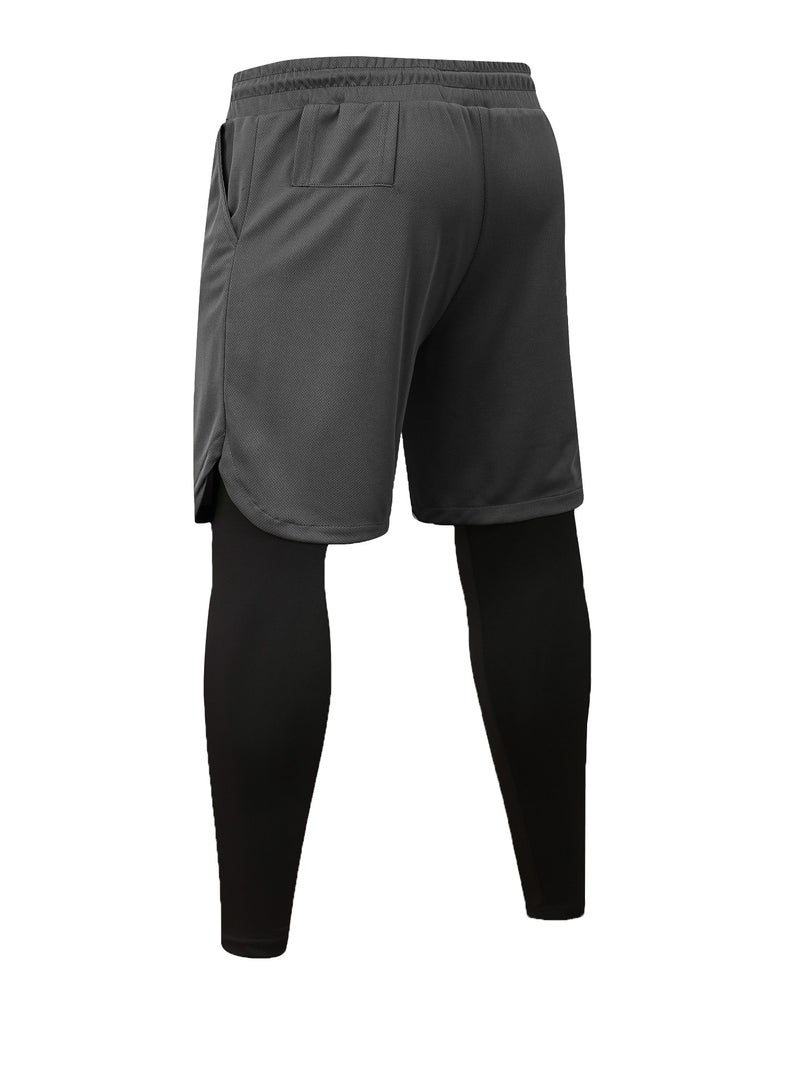 Men Quick Dry Breathable Elastic Running shorts with built-in leggings/compression pants Grey - Image 2