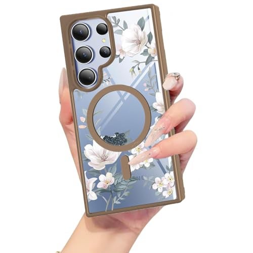 VONZEE Compatible with Samsung Galaxy S23 Ultra 5G Case Luxury Retro Flowers Floral Clear For Magnetic Wireless Charging Shockproof Case PC+TPU Cute Glossy Shiny Cover for Girls Women,Desert Titanium - Image 1