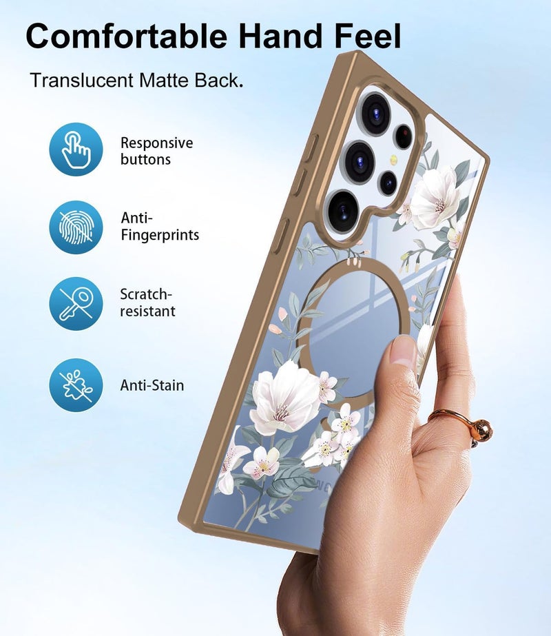 VONZEE Compatible with Samsung Galaxy S23 Ultra 5G Case Luxury Retro Flowers Floral Clear For Magnetic Wireless Charging Shockproof Case PC+TPU Cute Glossy Shiny Cover for Girls Women,Desert Titanium - Image 3