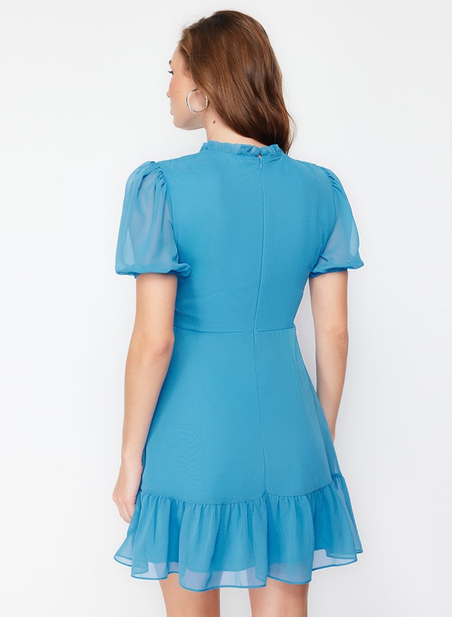 trendyol Blue A-Cut Flounce Chiffon Lined Woven Woven Dress - Image 5