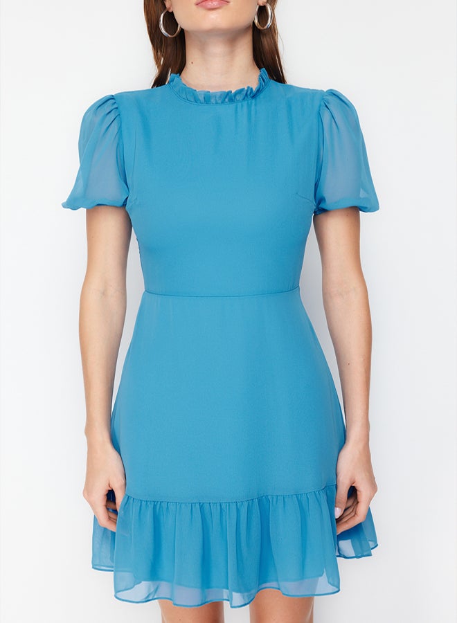 trendyol Blue A-Cut Flounce Chiffon Lined Woven Woven Dress - Image 4