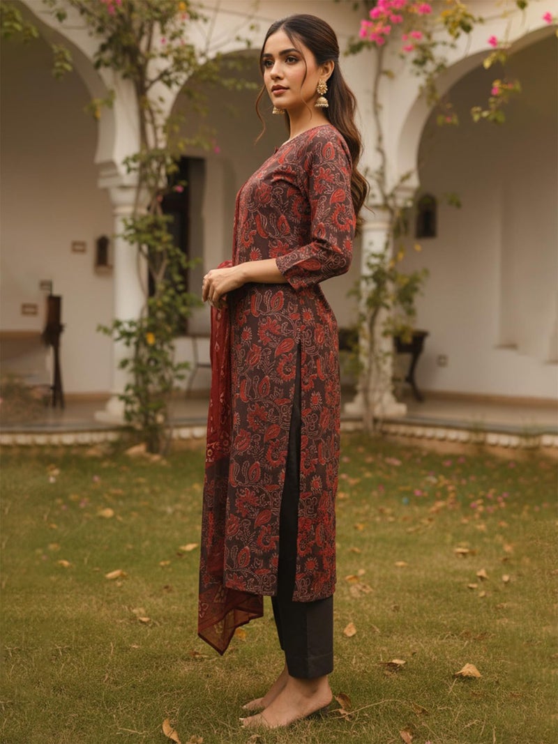 Vaamsi Women's Brown Rayon Blend Printed Straight Floral Kurta Trousers With Dupatta Set | Daily Straight Kurta Set For Women | Floral Salwar Suit For Women (VKSKD2413, L) - Image 3