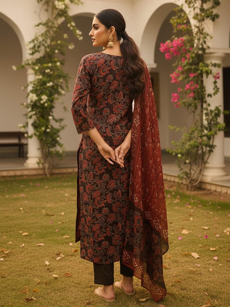 Vaamsi Women's Brown Rayon Blend Printed Straight Floral Kurta Trousers With Dupatta Set | Daily Straight Kurta Set For Women | Floral Salwar Suit For Women (VKSKD2413, L) - Image 4
