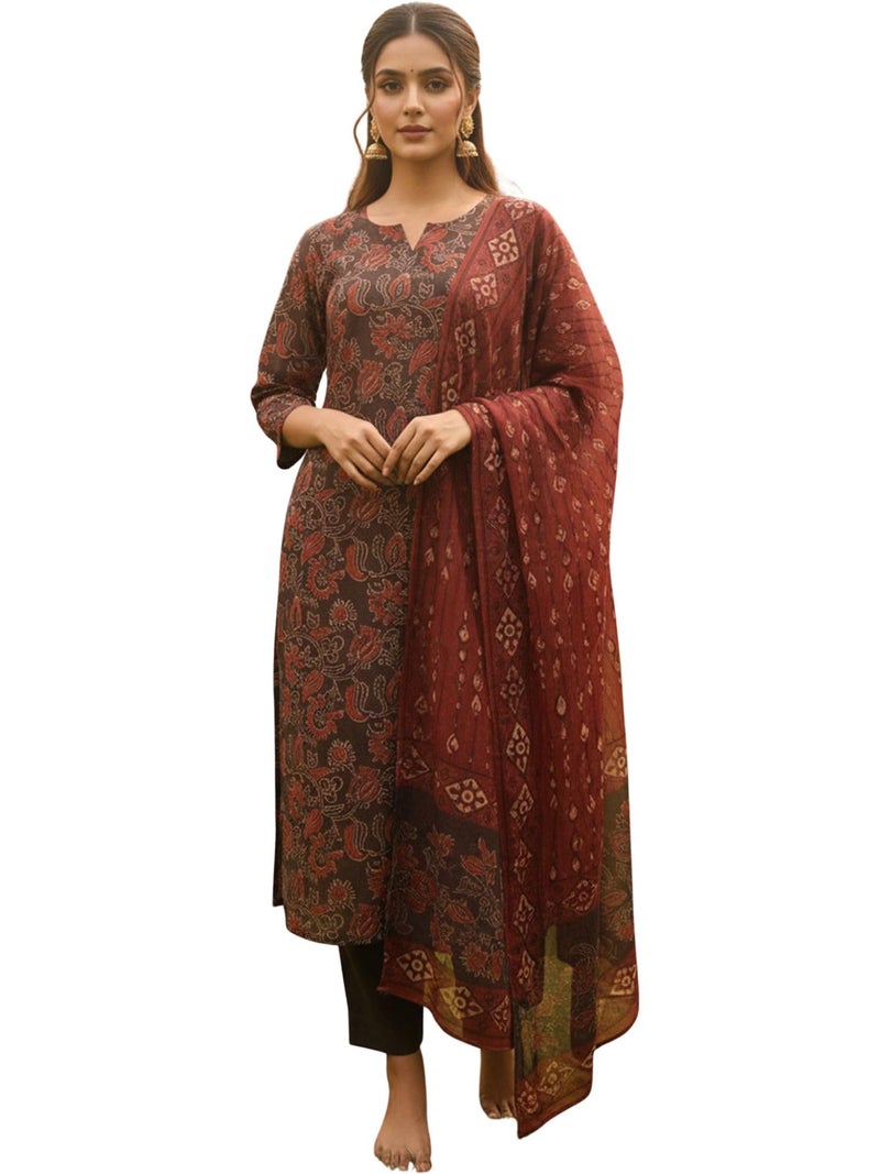 Vaamsi Women's Brown Rayon Blend Printed Straight Floral Kurta Trousers With Dupatta Set | Daily Straight Kurta Set For Women | Floral Salwar Suit For Women (VKSKD2413, L) - Image 1
