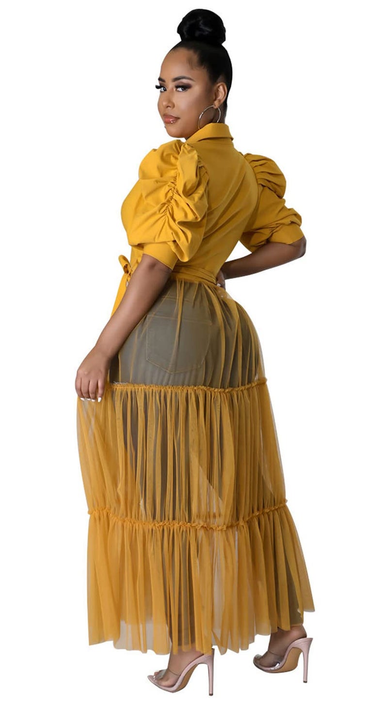 Ekaliy Womenâ€™s Plus Size Casual Tunic Tops Blouses Mesh See Through Shirts Dresses with Belt Club Party Outfit XXL Yellow - Image 2