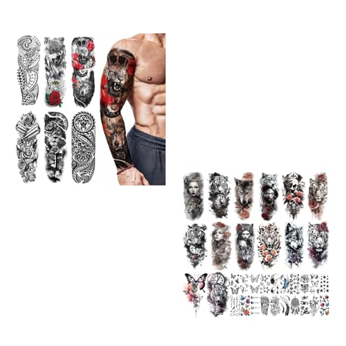 MAYCREATE® 40 Sheets Temporary Tattoos Combo for Men Women, Large Sleeve, 3D Arm Band, Lion, Wolf, Skull Designs, Waterproof Stickers for Party, Club, Special Makeup, DIY Crafts, Journaling - Image 1