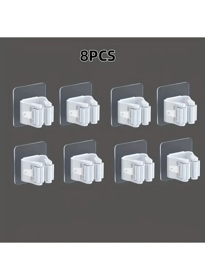 White 8Pcs Wall Mounted Mop Toilet Brush Holder No Drilling Strong Adhesive Space Saving Bathroom Organizer - Image 1