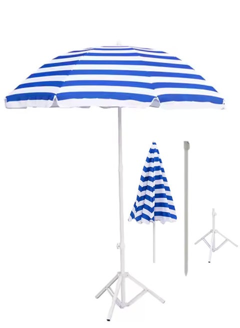 مظلة شاطئ قابلة للطي مع حامل – حماية من الشمس بمعيار UV 50+، مظلة خارجية محمولة مع حقيبة حمل | ارتفاع قابل للتعديل، سهلة التركيب للشاطئ، الفناء، الحديقة، والنزهات – باللونين الأزرق والأبيض
