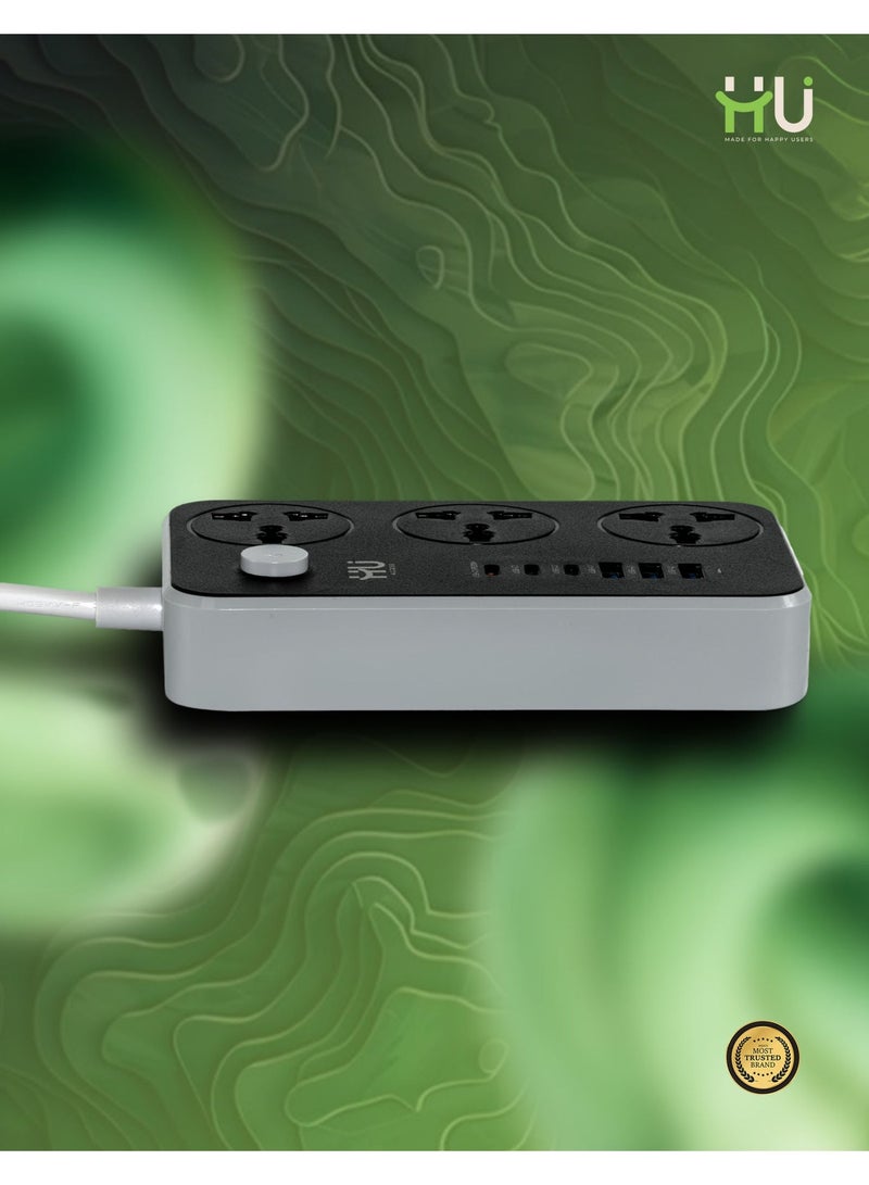 إتش يو مشترك كهربائي عالمي 2500 واط – لوحة تمديد متعددة المقابس مع شحن USB سريع 20 واط، هيكل مقاوم للاشتعال وشريط طاقة عالي التحمل للاستخدام المنزلي والمكتبي - Image 5