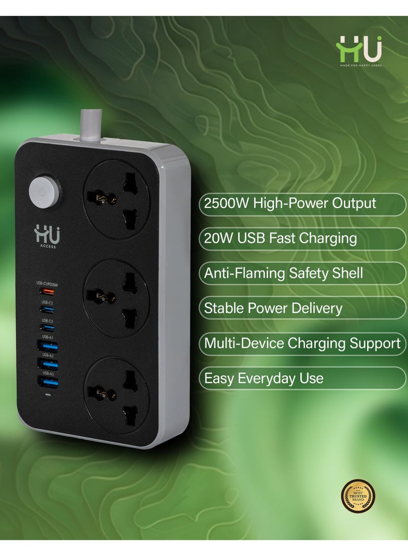 إتش يو مشترك كهربائي عالمي 2500 واط – لوحة تمديد متعددة المقابس مع شحن USB سريع 20 واط، هيكل مقاوم للاشتعال وشريط طاقة عالي التحمل للاستخدام المنزلي والمكتبي - Image 4