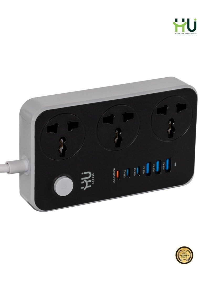 إتش يو مشترك كهربائي عالمي 2500 واط – لوحة تمديد متعددة المقابس مع شحن USB سريع 20 واط، هيكل مقاوم للاشتعال وشريط طاقة عالي التحمل للاستخدام المنزلي والمكتبي - Image 3