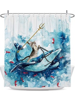 Excefore Funny Cat Shower Curtain, Riding Whale Ocean Cute Fun Cool Kids Anime Nautical Beach Theme Sea Wave Beach Fish Hilarious Bathroom 60 x 72 Inch Polyester Fabric Waterproof 12 Pack Hooks  - Image 1