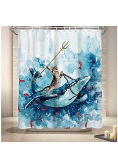 Excefore Funny Cat Shower Curtain, Riding Whale Ocean Cute Fun Cool Kids Anime Nautical Beach Theme Sea Wave Beach Fish Hilarious Bathroom 60 x 72 Inch Polyester Fabric Waterproof 12 Pack Hooks  - Image 5