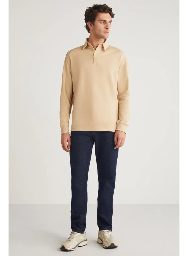 GRIMELANGE JOHN Men's Polo Sweatshirt with Collar, Long Back, Slit, Diagonal Fabric, Beige Sweatshirt.