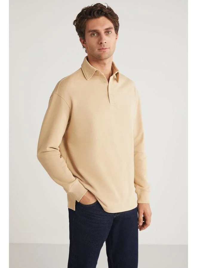 GRIMELANGE JOHN Men's Polo Sweatshirt with Collar, Long Back, Slit, Diagonal Fabric, Beige Sweatshirt.