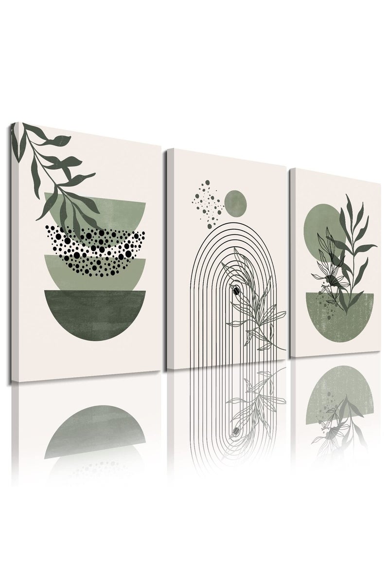 YongArt Sage Green Wall Posters & Prints, Green Boho Wall Art Set of 3, Minimalist Framed Wall Art Geometric Line Leaf Sun Moon Beige Green Canvas Artwork Paintings - Image 1