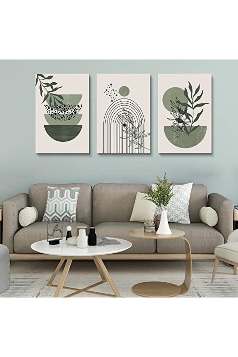 YongArt Sage Green Wall Posters & Prints, Green Boho Wall Art Set of 3, Minimalist Framed Wall Art Geometric Line Leaf Sun Moon Beige Green Canvas Artwork Paintings - Image 3