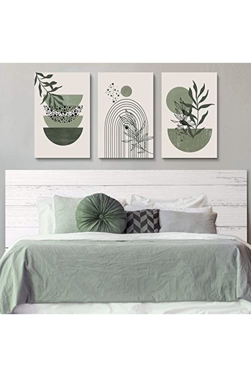 YongArt Sage Green Wall Posters & Prints, Green Boho Wall Art Set of 3, Minimalist Framed Wall Art Geometric Line Leaf Sun Moon Beige Green Canvas Artwork Paintings - Image 2