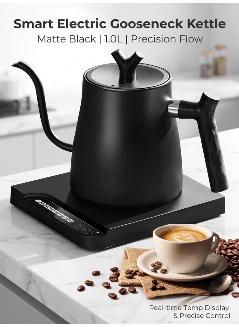 nihao Multifunctional Gooseneck Kettle V60 Coffee Kettle , Electric Kettle , Coffee Pot and Tea Pot , 1000ML , 1000W Power Knob Temperature Adjustment with DigiTemperature Automatic Insulation , 304 Stainless Steel Material , Suitable for Home and Office - Black - Image 1