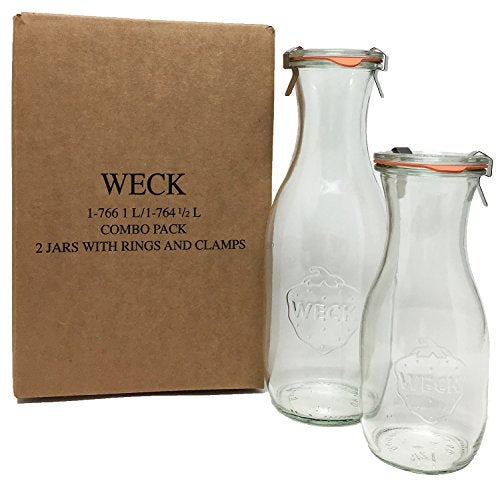 Weck Juice Jar Combo Pack - (1) 766 1-Liter jar (1) 764 1/2-Liter jar with Glass Lids, Rubber Rings and Steel Clamps - Image 1