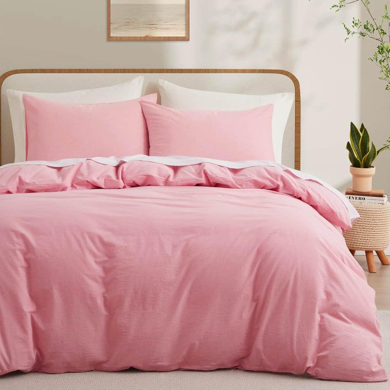 LOVQUE Pink Cotton Duvet Cover Twin Size, Linen Like Natural Bedding Set with Zipper Closure (No Comforter), 68x90 Inches - Image 1