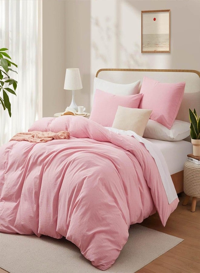 LOVQUE Pink Cotton Duvet Cover Twin Size, Linen Like Natural Bedding Set with Zipper Closure (No Comforter), 68x90 Inches - Image 2
