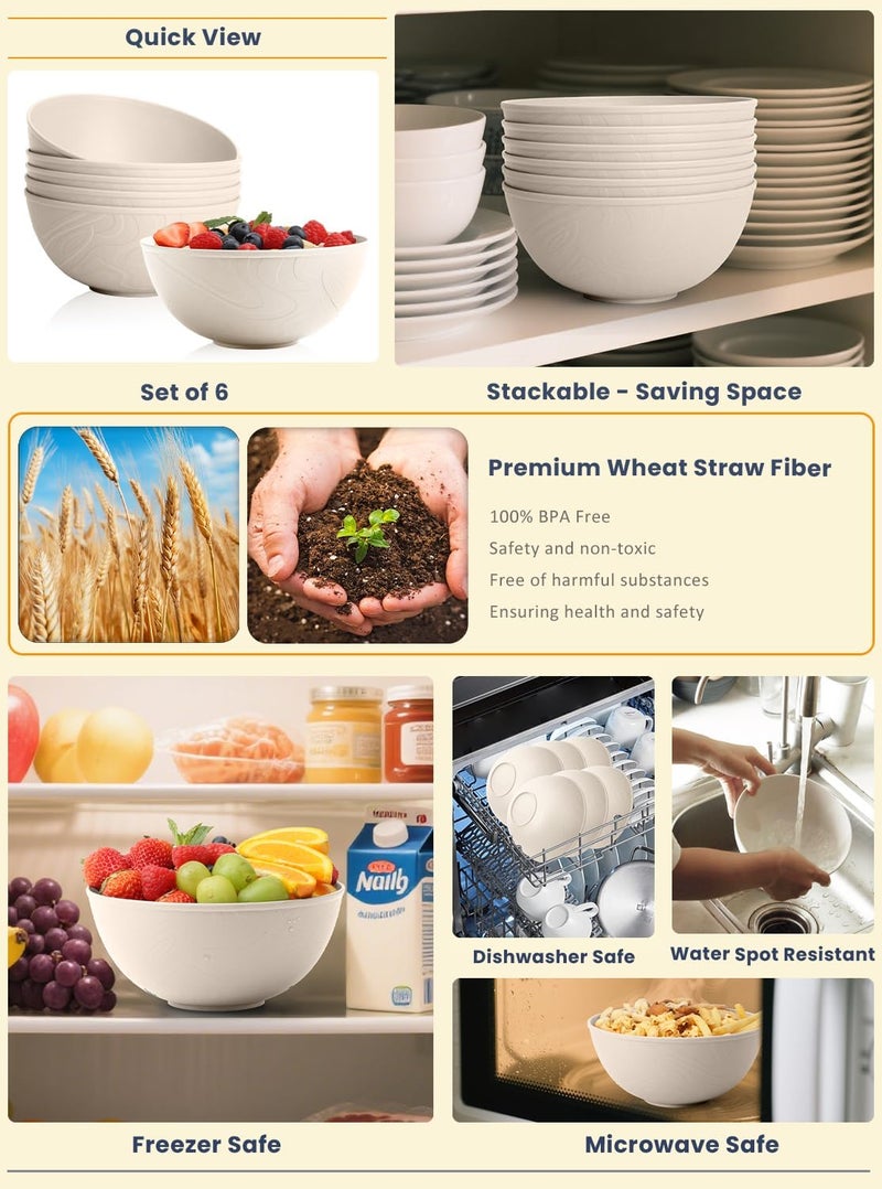 Homienly Wheat Straw Bowls for Kitchen, Bowl Set with Unique Texture 6 PCS, 40 OZ Large Capacity Bowls for Salad, Cereal, Soup, Popcorn, Ramen, Microwave and Dishwaher Safe, Outdoor Safe - Beige - Image 4