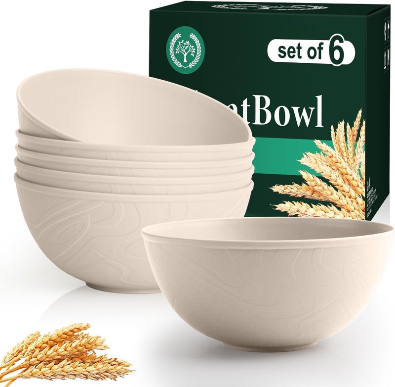 Homienly Wheat Straw Bowls for Kitchen, Bowl Set with Unique Texture 6 PCS, 40 OZ Large Capacity Bowls for Salad, Cereal, Soup, Popcorn, Ramen, Microwave and Dishwaher Safe, Outdoor Safe - Beige - Image 1