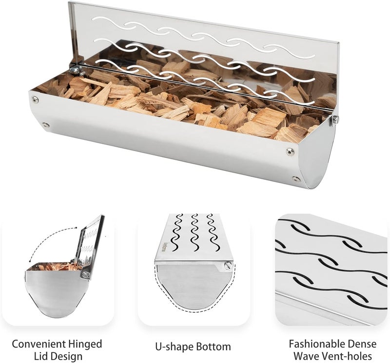 Skyflame Stainless Steel Smoker Box for Wood/Smoking Chips, Universal Barbecue Meat Smoking with Large Wavy Vent and Hinged Lid, Compact Size for Gas BBQ Grill Smoky Grilling, V-Shape - Image 3