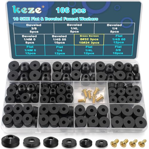 KEZE 106 PCS 10 Size Faucet Washers Assorted Kit with Brass Bibb Screws Assortment Flat and Beveled Rubber Washer for DIY Outdoor Faucets Stem Leak Worn Out Seal Repair - Image 1