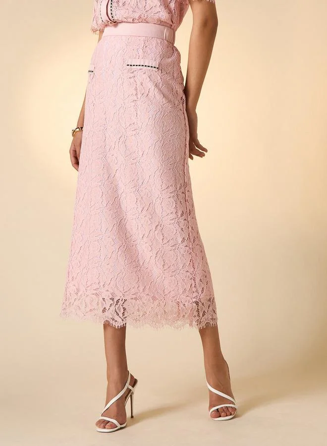 2Xtremz 2Xtremz Lace Textured A-line Midi Skirt with Slit Detail