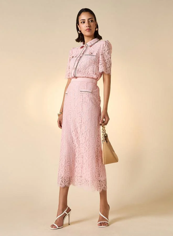2Xtremz 2Xtremz Lace Textured A-line Midi Skirt with Slit Detail