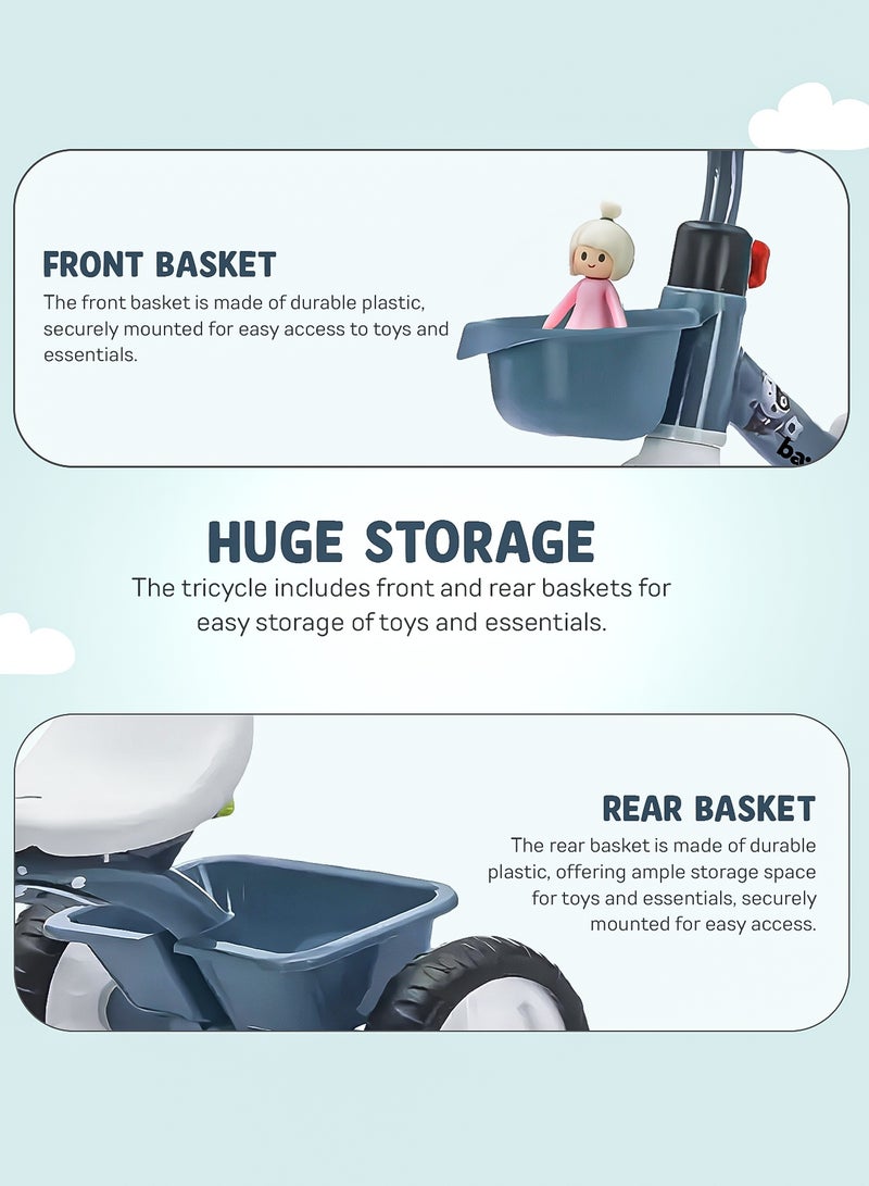بيبي دراجة ثلاثية العجلات للأطفال من روليتو، دراجة ذكية قابلة للتوصيل والتشغيل، مزودة بسلال تخزين أمامية وخلفية، دراجة ثلاثية العجلات بثلاث عجلات، دراجة ثلاثية العجلات للأطفال من عمر سنتين إلى خمس سنوات، لون أزرق - Image 4