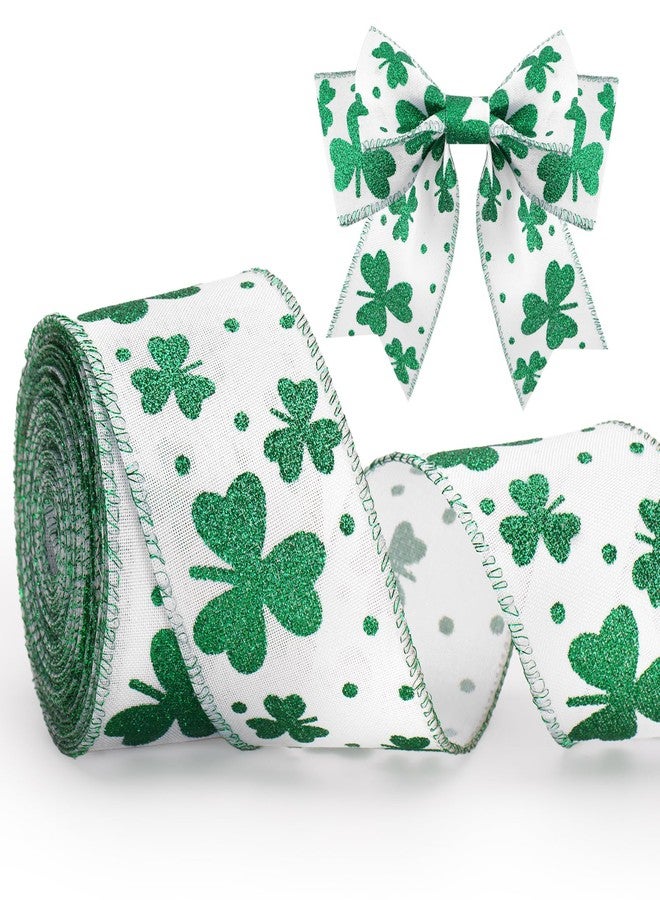 KINGLAKE St Patrick's Day Wired Ribbon - 2.5 Inch Glitter Green Shamrock Ribbon Wired for Wreaths Big Bows White Burlap Ribbons with Dots for Crafts Gift Wrapping St. Patrick's Day Decorations 11 Yds - Image 1