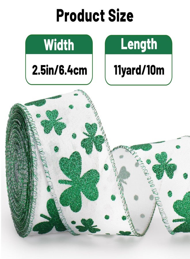 KINGLAKE St Patrick's Day Wired Ribbon - 2.5 Inch Glitter Green Shamrock Ribbon Wired for Wreaths Big Bows White Burlap Ribbons with Dots for Crafts Gift Wrapping St. Patrick's Day Decorations 11 Yds - Image 2