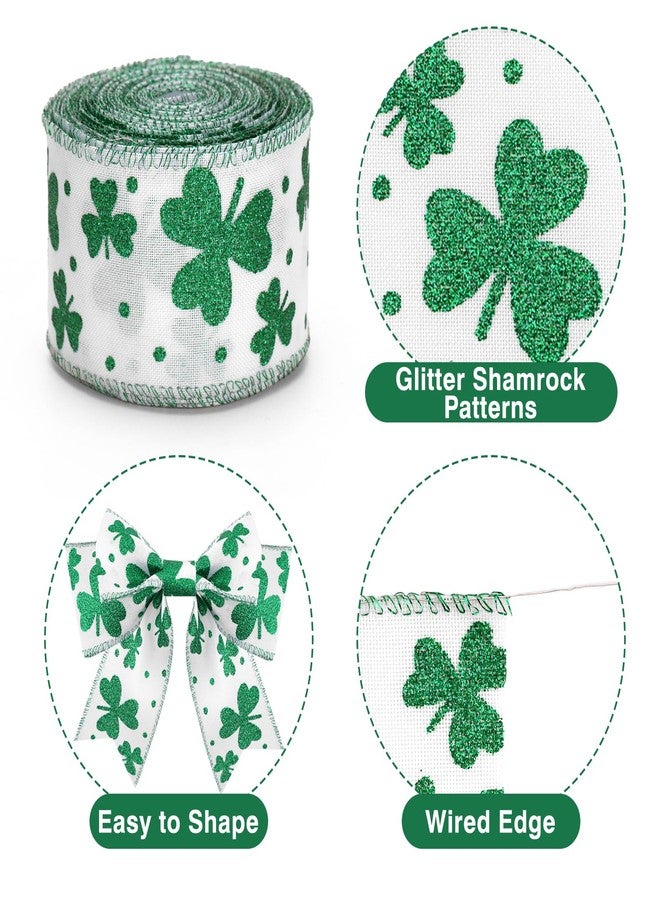 KINGLAKE St Patrick's Day Wired Ribbon - 2.5 Inch Glitter Green Shamrock Ribbon Wired for Wreaths Big Bows White Burlap Ribbons with Dots for Crafts Gift Wrapping St. Patrick's Day Decorations 11 Yds - Image 3