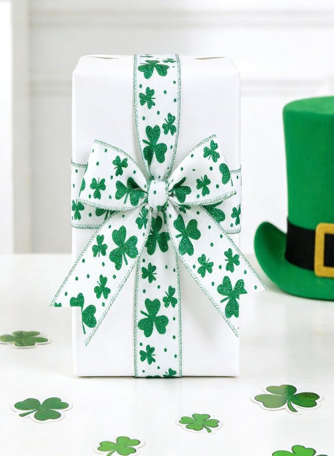 KINGLAKE St Patrick's Day Wired Ribbon - 2.5 Inch Glitter Green Shamrock Ribbon Wired for Wreaths Big Bows White Burlap Ribbons with Dots for Crafts Gift Wrapping St. Patrick's Day Decorations 11 Yds - Image 4