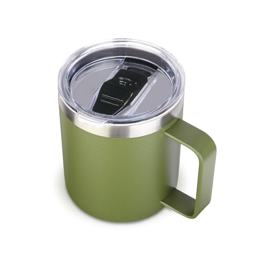 Volhoply 14oz Insulated Stainless Steel Coffee Mug with Leakproof LidDouble Wall Vacuum Travel Coffee Cup with HandleReusable Cups TumblerCamping Mugs Keep HotIdeal GiftsArmy Green1 - Image 1