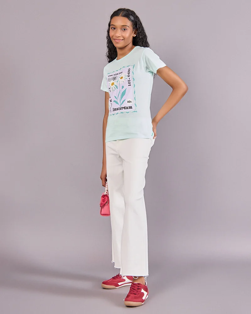 Redtag Senior Girls Green Floral Print T-Shirt