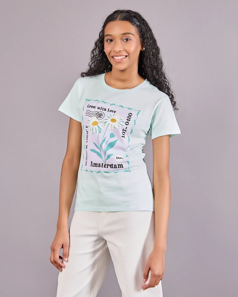Redtag Senior Girls Green Floral Print T-Shirt