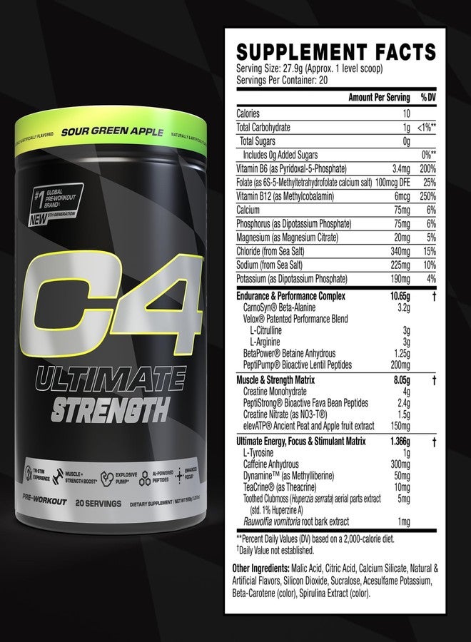 C4 Cellucor C4 Ultimate Strength Pre Workout Powder - Tri-Stim Experience 300mg Caffeine+TeaCrine+Dynamine - Creatine & Beta-Alanine - Energy Supplement for Men & Women - Sour Green Apple, 20 Servings - Image 2