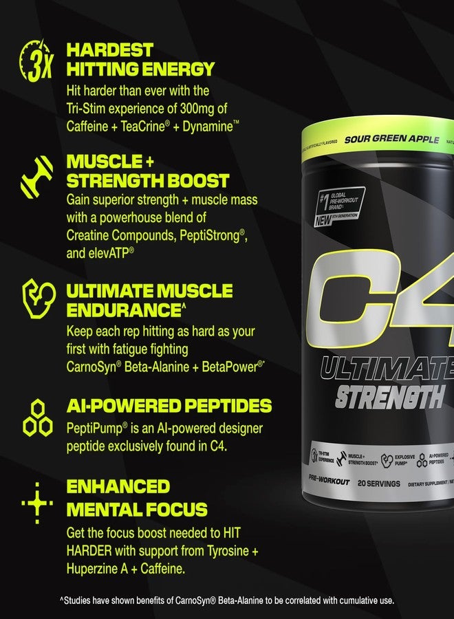 C4 Cellucor C4 Ultimate Strength Pre Workout Powder - Tri-Stim Experience 300mg Caffeine+TeaCrine+Dynamine - Creatine & Beta-Alanine - Energy Supplement for Men & Women - Sour Green Apple, 20 Servings - Image 3